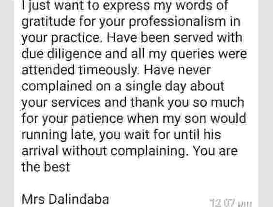 Actual text extract of the testimonial from Mrs Dalbindaba