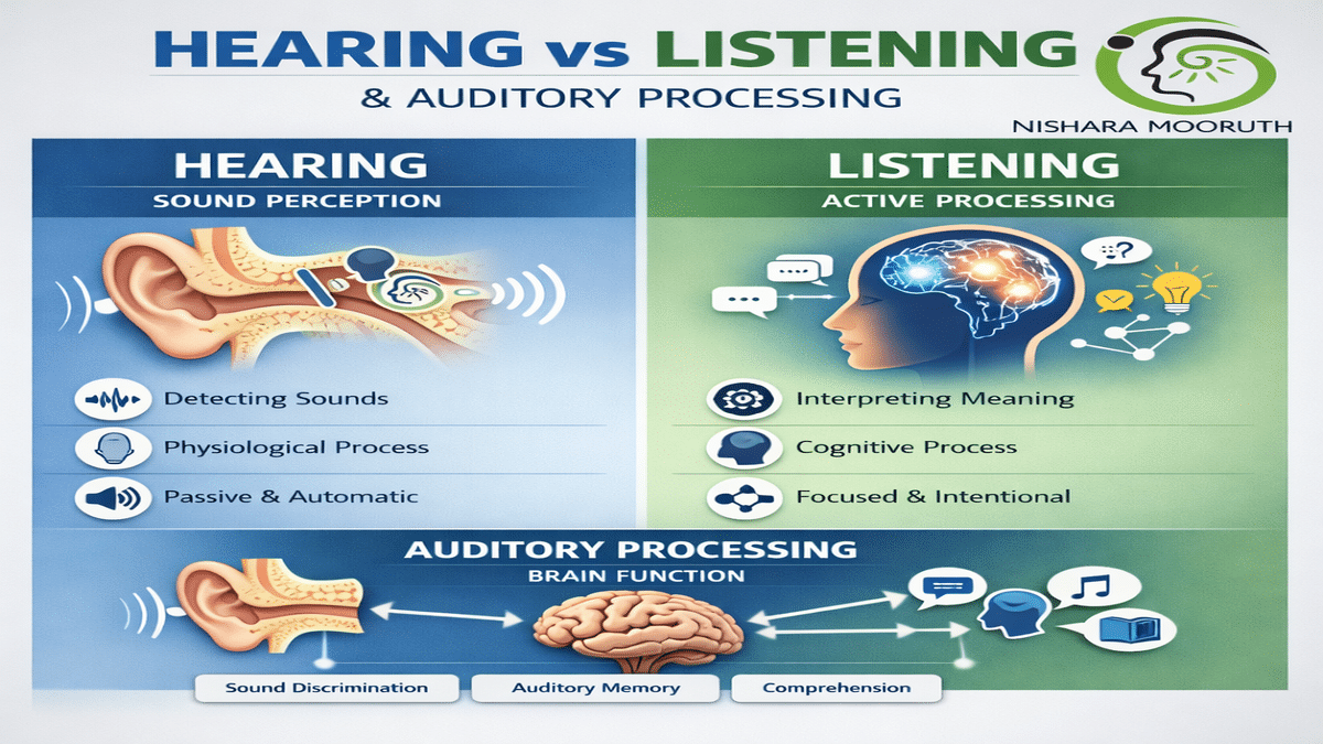 Illustration showing the difference between hearing and listening